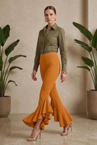 Fitted Crepe Draped Frill Hem Trouser In Mustard