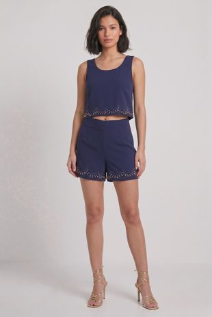 Navy Embellished Crop Top & Shorts Set
