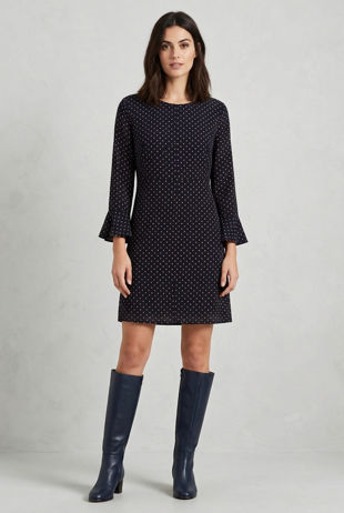 Navy Contrast Polka Dot Bell Sleeve Shift Dress