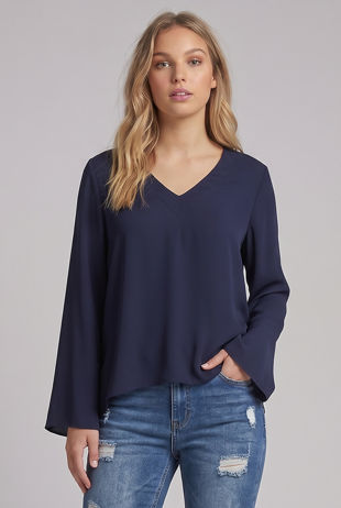 Navy V Neck Long Sleeves Tops