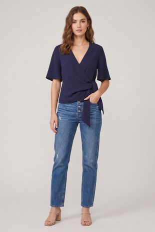 Navy Wrap Over Side Tie Blouse