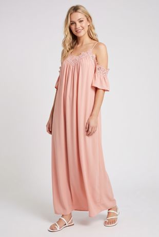 Pink Cold Shoulder Lace Trim Maxi Dress