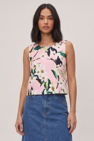 Pink Floral Printed Tailored Crop Top