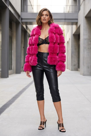 Fuchsia Layered Shaggy Faux Fur Coat