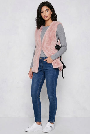 Pink Faux Fur Gilet With Ribbon Sides