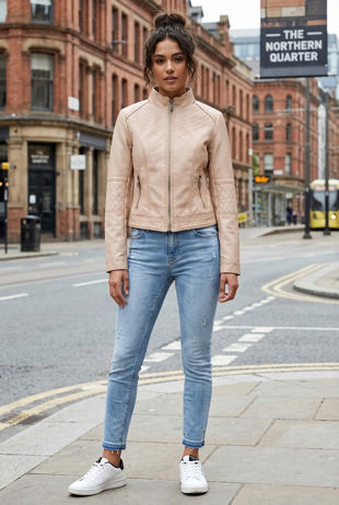 Peach Distressed Leather Stiched Pattern Jacket
