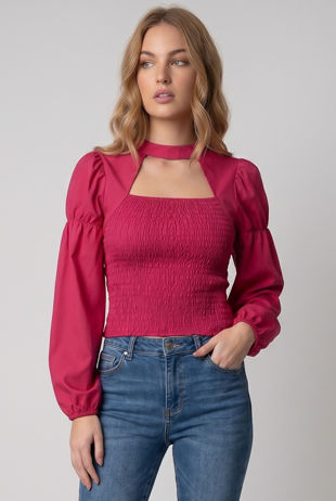 Fuchsia Shirred Cut Out Balloon Sleeve Top
