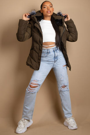 Faux Fur Hood Khaki Puffer Jackets