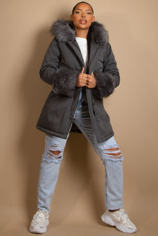 Grey Canvas Parka with Fur Hood & Cuff
