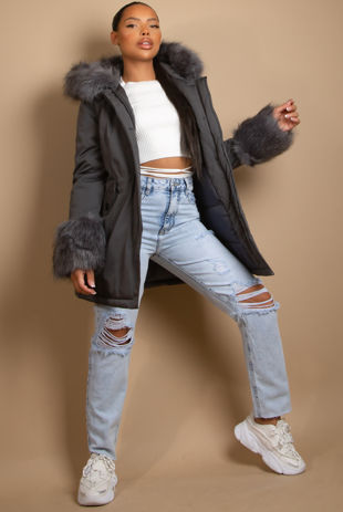 Dark Grey Canvas Parka with Fur Hood & Cuff