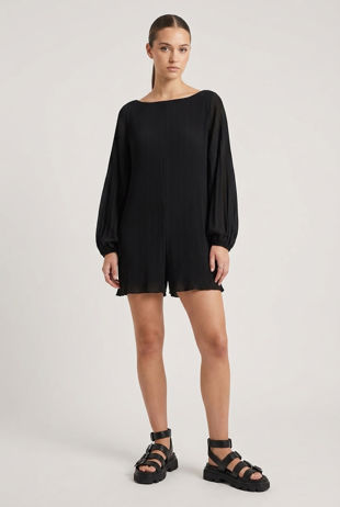 Black Pleated Back Button Up Playsuit 