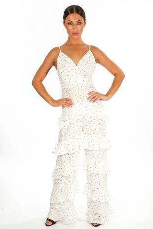 Polka Dot Chiffon Frill Jumpsuit In White