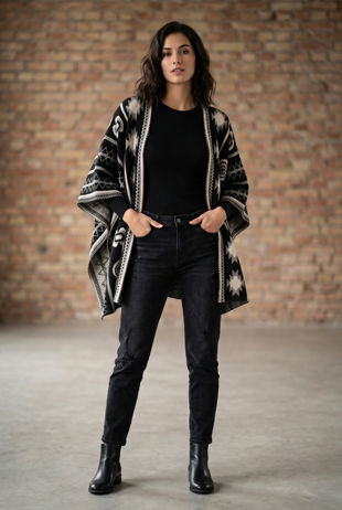 Black Beige Contrast Symmetrical Print Wrap Cardigan 
