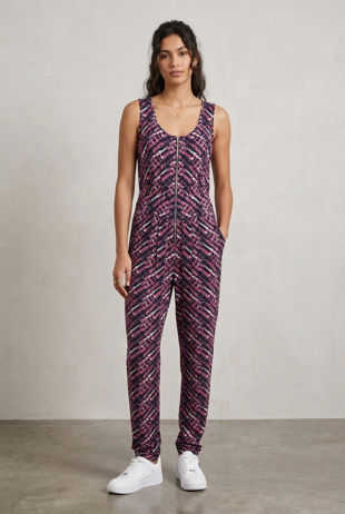 Purple Strip Patterned Front Zip Up Jumpsuit