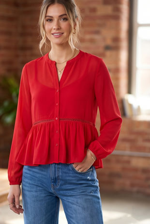 Red Button Up Smock Blouse