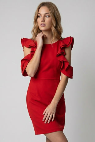 Red Frilled Side Cut Out Bodycon Dress 