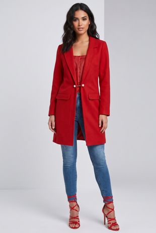 Red Side Pocketed Back Slit Coat
