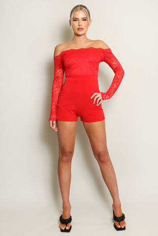 Lace Off The Shoulder Playsuit in Red