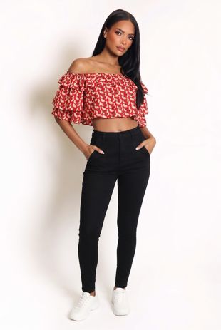 Red Printed Flowing Off The Shoulder Top