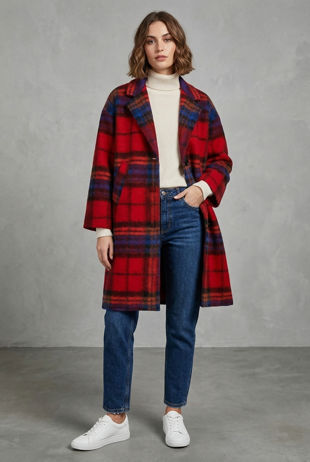 Red Tartan Check Wool Blend Coat