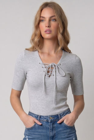 Cream Ribbed Jersey Lace Up Top