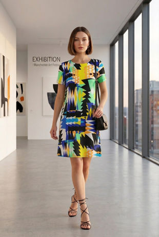 Multicolour Zigzag Print Back Zip Up Shift Dress