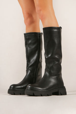 Black Chunky Sole Side Zip Wellie Boots