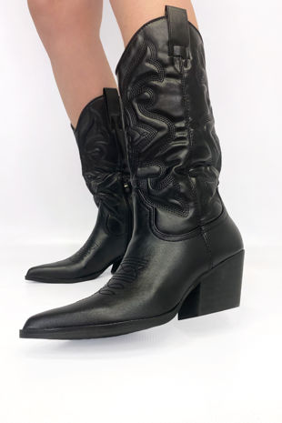 Black Pu Stitch Detail Western Cowboy Boots