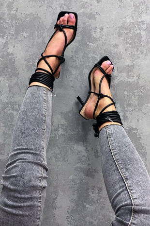 Black Lace Up Square Toe Sculptured Heels