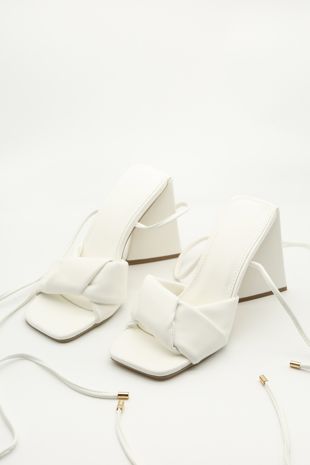 White Flare Block Heel Wrap Around Sandal