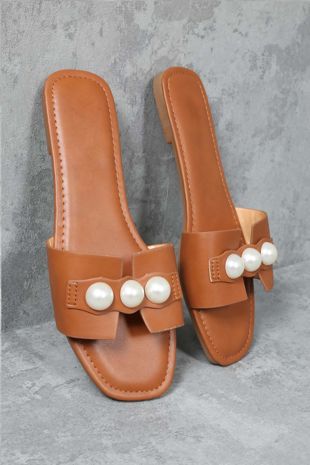 Tan Pearl Detail Flat Sandal