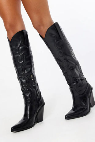 Womens Stitched Detail Heeled Knee-High Cowboy Boots