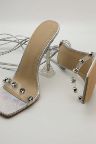 Silver Diamante Strap Tie Up Heels