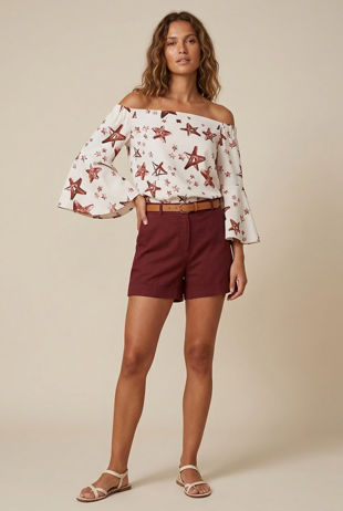Cream Contrast Star Print Bell Sleeve Tops