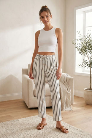 White Stripe Waist Tie Trousers
