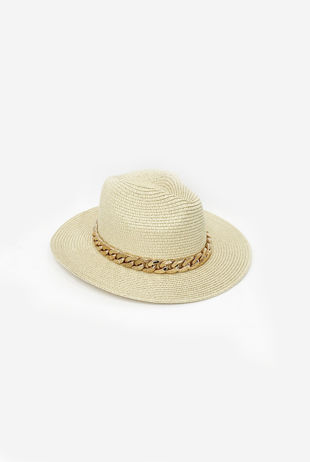 Beige Woven Fedora Hat With Chain