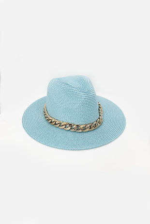 Blue Woven Fedora Hat With Chain