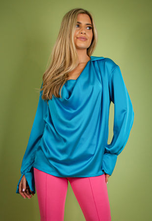 Teal Satin Cowl Neck Blouse