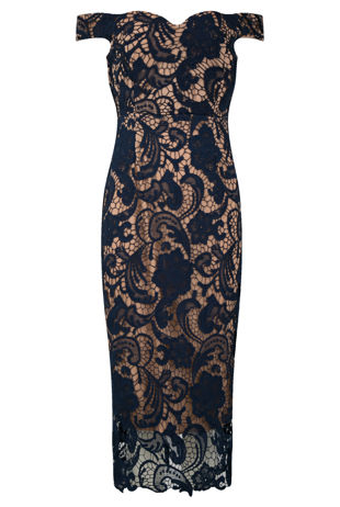 Navy Crochet Sweetheart Neckline Midi Dress