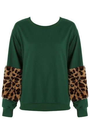 Green Leopard Fur Patched Sleeves Sweatshirt