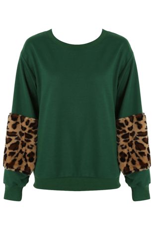 Green Leopard Fur Patched Sleeve Sweatshirt 