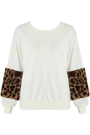 white Leopard Fur Patched Sleeves Sweatshirt