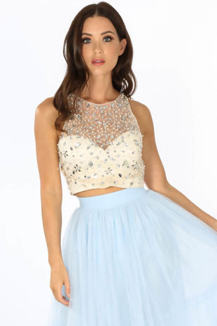 Embellished Bustier Top With Mesh Overlay In Cream