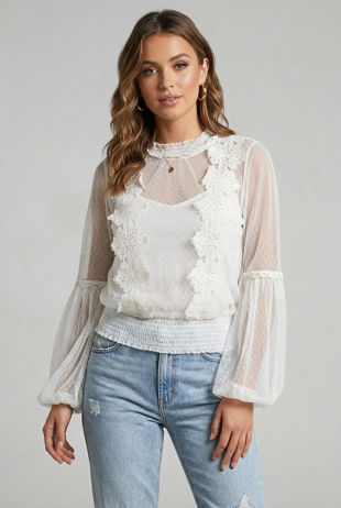 White Mock Neck Lace Mesh Top