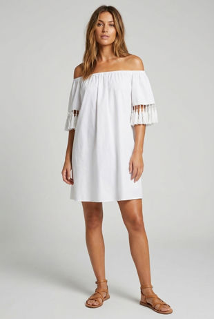 White Elasticated Off Shoulder Fringed Shift Dress