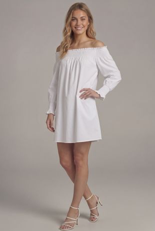 White Elasticated Off Shoulder Shift Dress