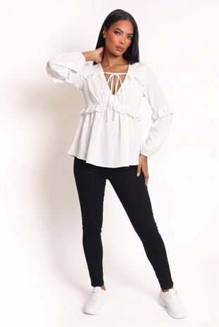 White Knotted Neck Frill Blouse