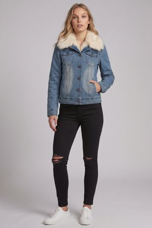 Blue with Cream Fur Denim Fur Lined Jacket