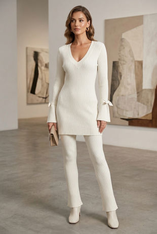 White Ribbed V Neck Jumper & Legging Loungewear Set