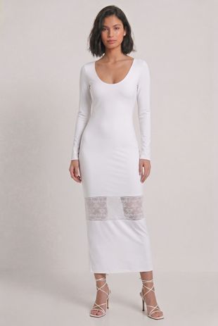 White Lace Trim Dip Back Maxi Dress